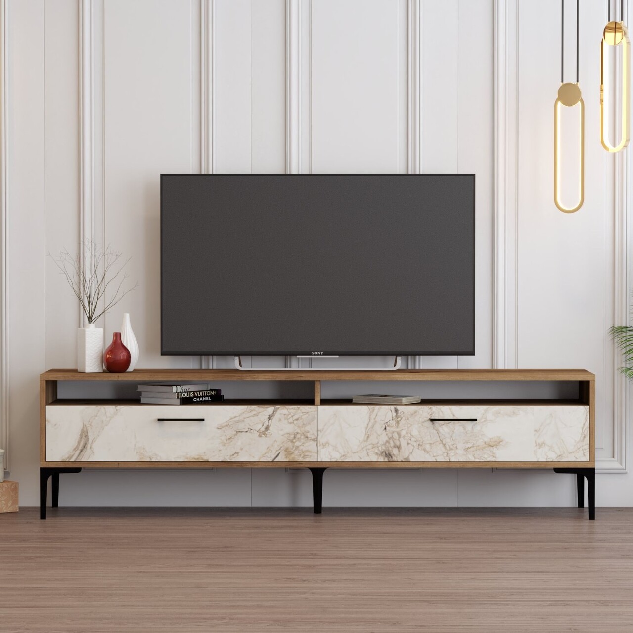 Comoda TV, Hanah Home, Istanbul 2, 180x35x47 cm, Nuc / Marmură Albă - imagine 7
